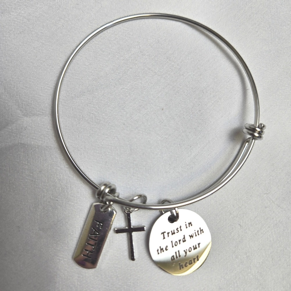 Christian Faith Bible Verse Scripture Charm‎ Bangle Bracelet, Silver Tone